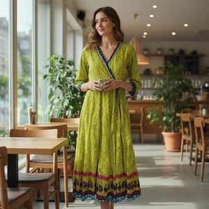 Women's Global Desi Boho Maxi Wrap Dress Green Peacock Print Size S